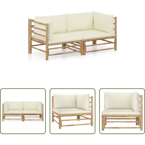 Set divani da giardino -  Set Divani da Giardino 2 pz con Cuscini Bianco Crema in Bambù