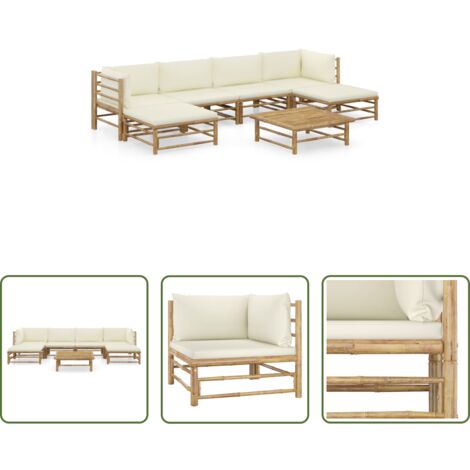 Set divani da giardino -  Set Divani da Giardino 7 pz con Cuscini Bianco Crema in Bambù
