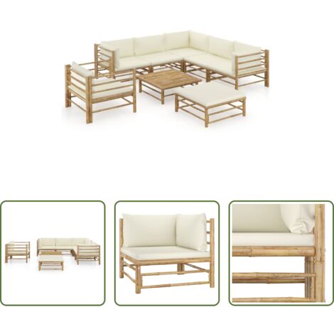 Set divani da giardino -  Set Divani da Giardino 8 pz con Cuscini Bianco Crema in Bambù