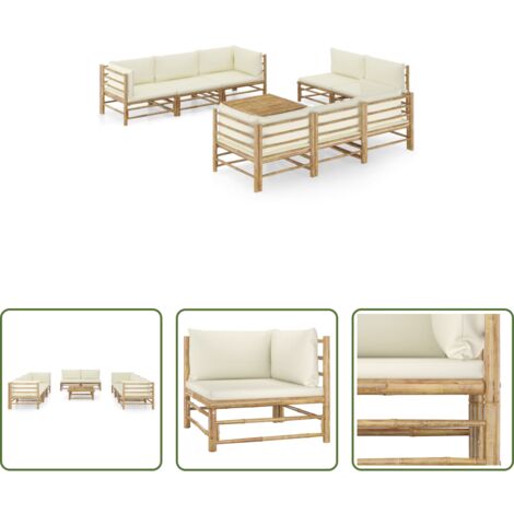 Set divani da giardino -  Set Divani da Giardino 9 pz con Cuscini Bianco Crema in Bambù
