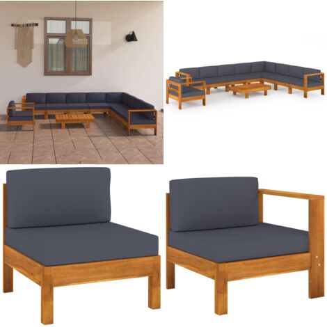Set Divani Giardino 10Posti Cuscini Grigi Scuro Massello Acacia - Divano in legno - Cuscini da giardino