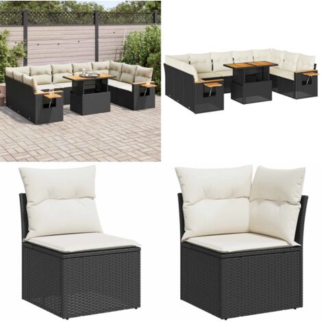 Set Divani Giardino 10pz con Cuscini Nero in Polyrattan Acacia - Sedute da esterno - Cuscini da giardino