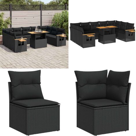 Set Divani Giardino 10pz con Cuscini Nero in Polyrattan Acacia - Sedute da giardino - Cuscini da seduta