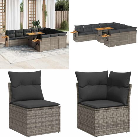 Set Divani Giardino 11 pz con Cuscini Polyrattan Acacia Grigio - Sedute da esterno - Cuscini per seduta