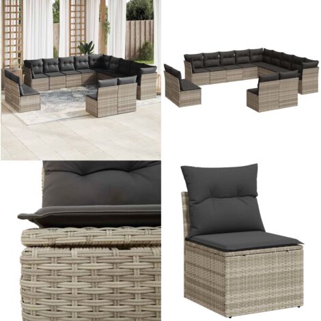 Set Divani Giardino 13 pz con Cuscini Grigio Chiaro Polyrattan - Sedute da esterno - Cuscini da seduta