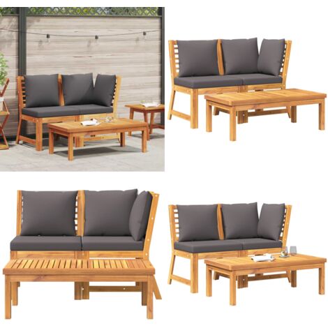 Set Divani Giardino 3pz Cuscini Grigio Scuro Acacia Massello - Tavolino da giardino - Cuscini da giardino