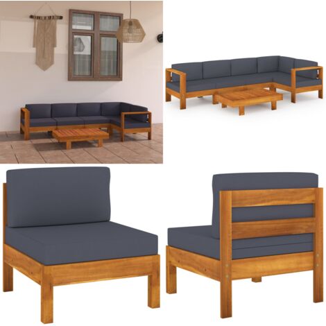 Set Divani Giardino 6 Posti Cuscini Grigi Scuro Massello Acacia - Divano in legno - Cuscini da giardino