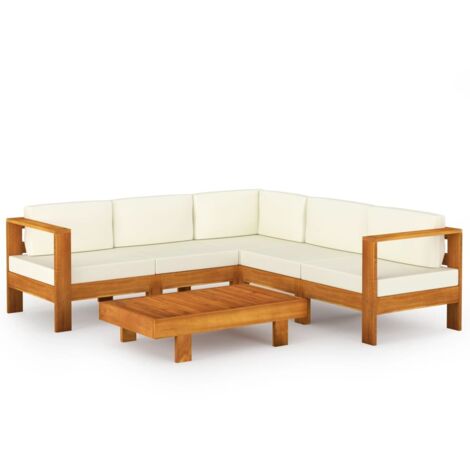 Set Divani Giardino 6 pz Cuscini Bianco Crema in Legno d'Acacia
