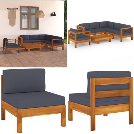 Set Divani Giardino 7 Posti Cuscini Grigi Scuro Massello Acacia - Divano in legno - Cuscini da giardino