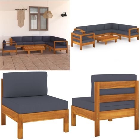 Set Divani Giardino 8 Posti Cuscini Grigi Scuro Massello Acacia - Divano in legno - Cuscini da giardino