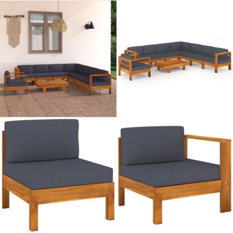Set Divani Giardino 9 Posti Cuscini Grigi Scuro Massello Acacia - Divano in legno - Cuscini da giardino