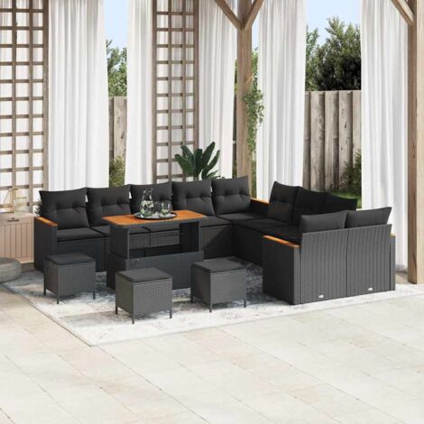 Set divani giardino con cuscini vidaXL 14 pezzi Nero Polyrattan Acacia