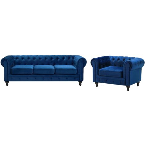 Set divani in tessuto di velluto blu cobalto 4 posti Chesterfield