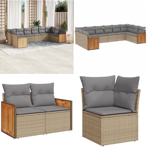 Set Divano da Giardino 10 pz con Cuscini Beige in Polyrattan - Poltrona da giardino - Seduta da esterno