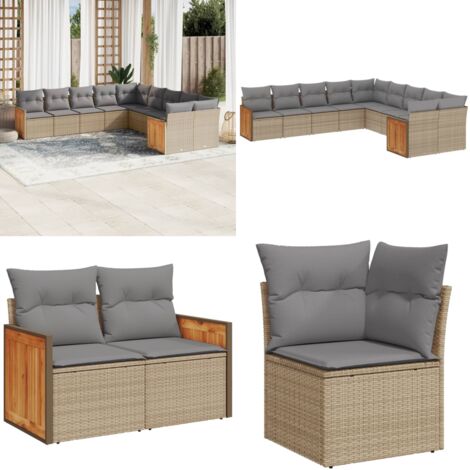 Set Divano da Giardino 10 pz con Cuscini Beige in Polyrattan - Poltrona da giardino - Seduta da esterno