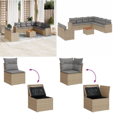 Set Divano da Giardino 10 pz con Cuscini Beige Misto Polyrattan - Sedute da giardino - Tavolo da giardino