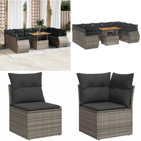 Set Divano da Giardino 10 pz con Cuscini Grigio in Polyrattan - Sedute angolari - Tavolo da giardino