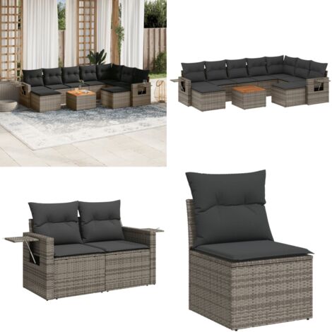 Set Divano da Giardino 10 pz con Cuscini Grigio in Polyrattan - Sedute da esterno - Tavolo da giardino
