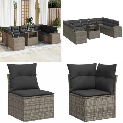 Set Divano da Giardino 10 pz con Cuscini Grigio in Polyrattan - Sedute da esterno - Tavolo da giardino