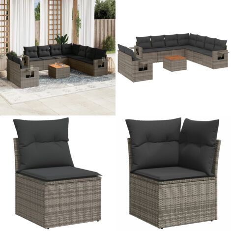 Set Divano da Giardino 10 pz con Cuscini Grigio in Polyrattan - Sedute da esterno - Tavolo da giardino