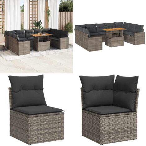Set Divano da Giardino 10 pz con Cuscini Grigio in Polyrattan - Sedute da esterno - Tavolo da giardino