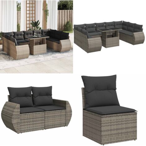 Set Divano da Giardino 10 pz con Cuscini Grigio in Polyrattan - Sedute da esterno - Tavolo da giardino