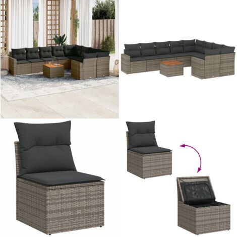 Set Divano da Giardino 10 pz con Cuscini Grigio in Polyrattan - Sedute da giardino - Tavolo da giardino