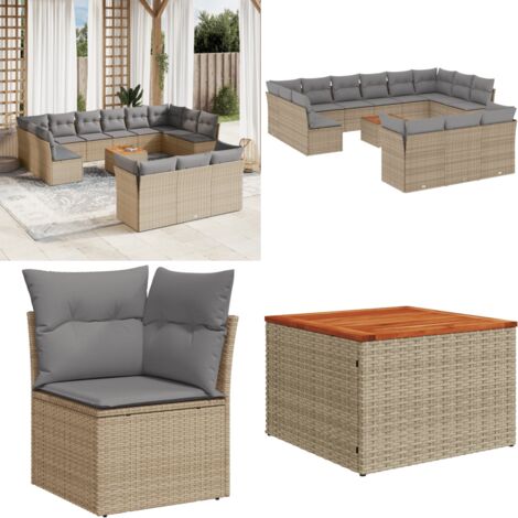 Set Divano da Giardino 14 pz con Cuscini Beige Misto Polyrattan - Sedute da giardino - Tavolo da giardino