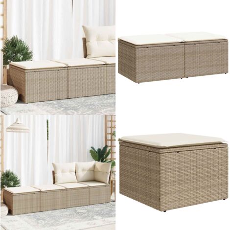 Set Divano da Giardino 2 pz con Cuscini Beige Polyrattan Acacia - Sgabello da giardino - Cuscino da giardino
