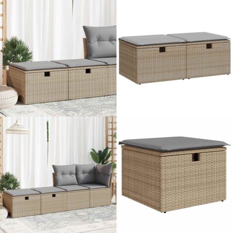 Set Divano da Giardino 2 pz con Cuscini Beige Polyrattan Acacia - Sgabello da giardino - Cuscino da giardino