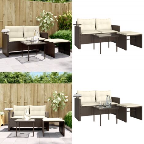 Set Divano da Giardino 3 pz con Cuscini Marrone in Polyrattan - Tavolino da giardino - Poggiapiedi da giardino