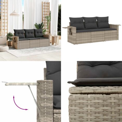 Set Divano da Giardino 3pz con Cuscini Grigio Chiaro Polyrattan - Poltrona da giardino - Cuscino da seduta