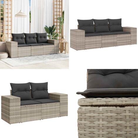 Set Divano da Giardino 3pz con Cuscini Grigio Chiaro Polyrattan - Poltrone da giardino - Cuscini da seduta