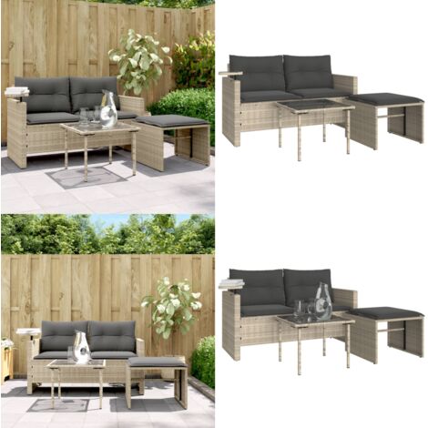 Set Divano da Giardino 3pz con Cuscini Grigio Chiaro Polyrattan - Tavolino da giardino - Poggiapiedi da giardino