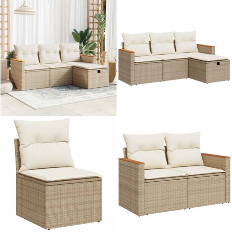 Set Divano da Giardino 4 pz con Cuscini Beige in Polyrattan - Poltrona da giardino - Cuscini da giardino