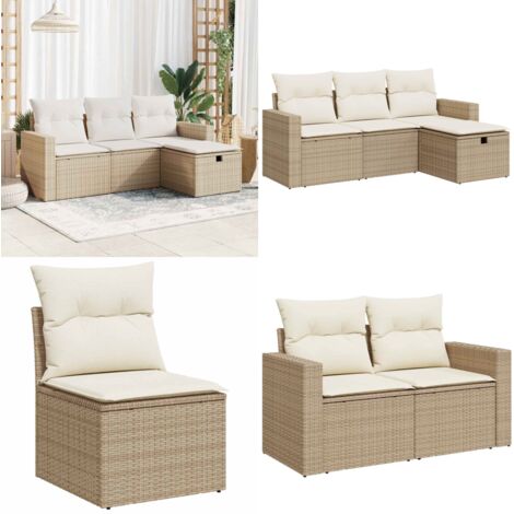 Set Divano da Giardino 4 pz con Cuscini Beige in Polyrattan - Poltrona da giardino - Cuscini da seduta