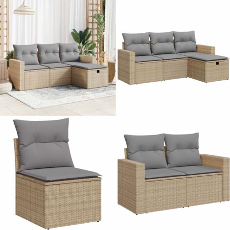 Set Divano da Giardino 4 pz con Cuscini Beige in Polyrattan - Poltrona da giardino - Cuscini da seduta