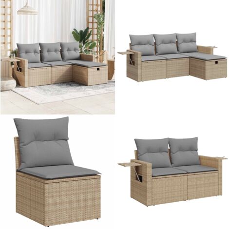 Set Divano da Giardino 4 pz con Cuscini Beige in Polyrattan - Poltrona da giardino - Cuscini per divano