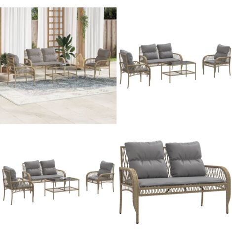 Set Divano da Giardino 4 pz con Cuscini Beige in Polyrattan - Poltrona da giardino - Tavolino da giardino