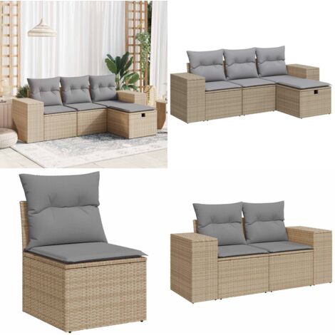Set Divano da Giardino 4 pz con Cuscini Beige in Polyrattan - Poltrone da giardino - Cuscini da giardino