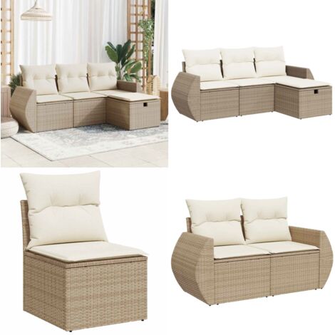 Set Divano da Giardino 4 pz con Cuscini Beige in Polyrattan - Poltrone da giardino - Cuscini da seduta