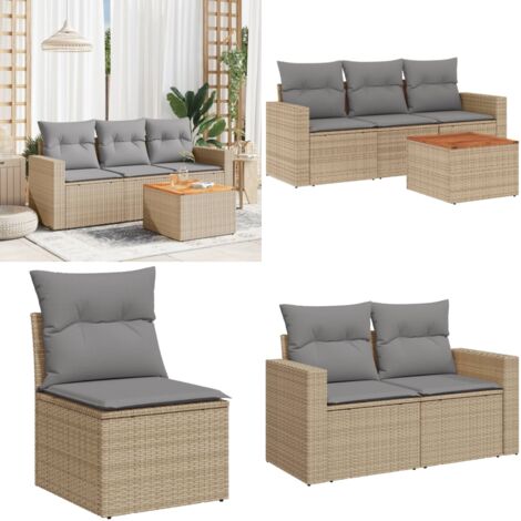 Set Divano da Giardino 4 pz con Cuscini Beige Misto Polyrattan - Sedute da giardino - Tavolo da giardino