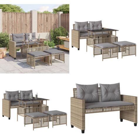 Set Divano da Giardino 4 pz con Cuscini Beige Polyrattan Vetro - Panca da giardino - Tavolo da giardino