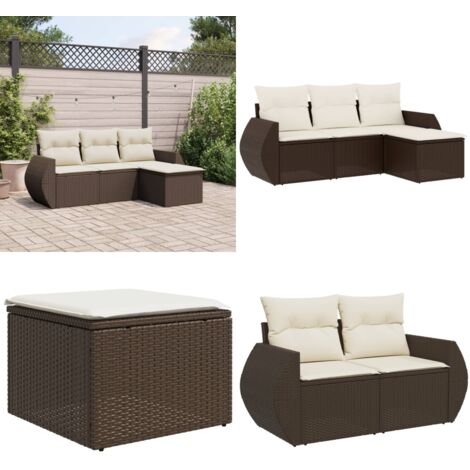 Set Divano da Giardino 4 pz con Cuscini Marrone in Polyrattan - Poltrona da giardino - Cuscino da giardino