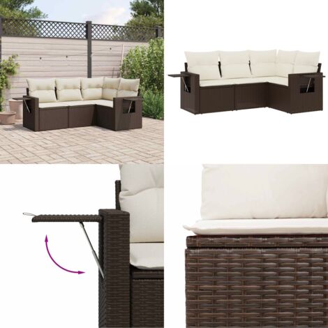 Set Divano da Giardino 4 pz con Cuscini Marrone in Polyrattan - Poltrona da giardino - Cuscino da seduta