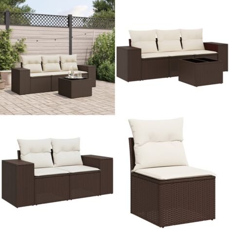 Set Divano da Giardino 4 pz con Cuscini Marrone in Polyrattan - Poltrona da giardino - Tavolo da giardino