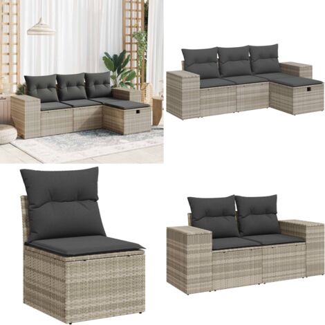 Set Divano da Giardino 4pz con Cuscini Grigio Chiaro Polyrattan - Poltrona da giardino - Cuscini da seduta