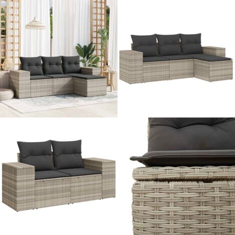 Set Divano da Giardino 4pz con Cuscini Grigio Chiaro Polyrattan - Poltrona da giardino - Cuscino da seduta