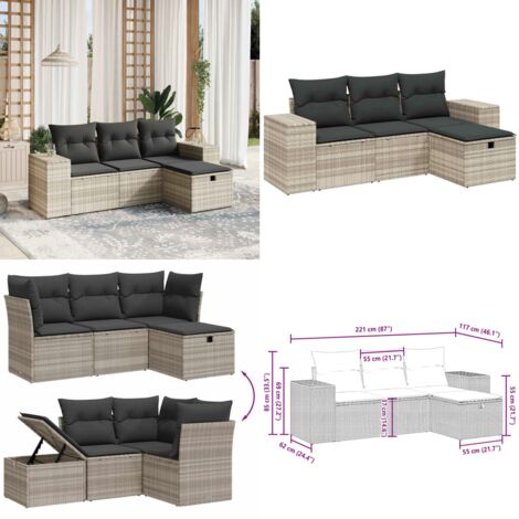 Set Divano da Giardino 4pz con Cuscini Grigio Chiaro Polyrattan - Poltrona da giardino - Cuscino da seduta