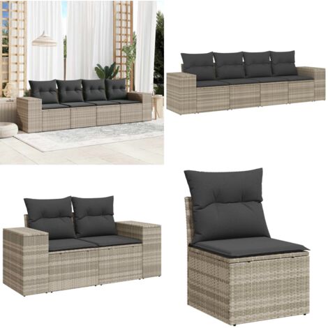 Set Divano da Giardino 4pz con Cuscini Grigio Chiaro Polyrattan - Poltrona da giardino - Cuscino da seduta
